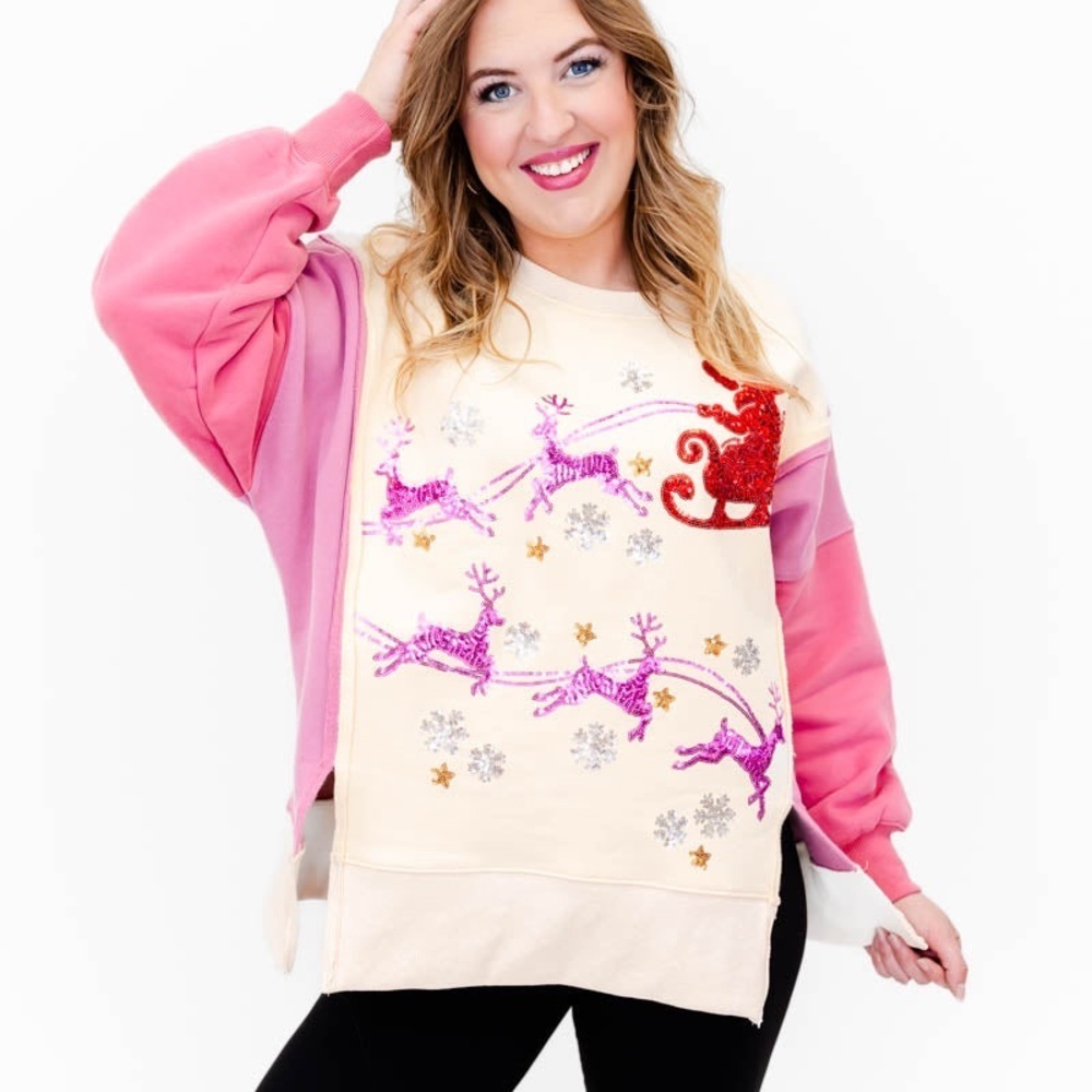 Peach Love Sleigh Away Festive Pink and Cream Sweatshirt with Reindeer Design